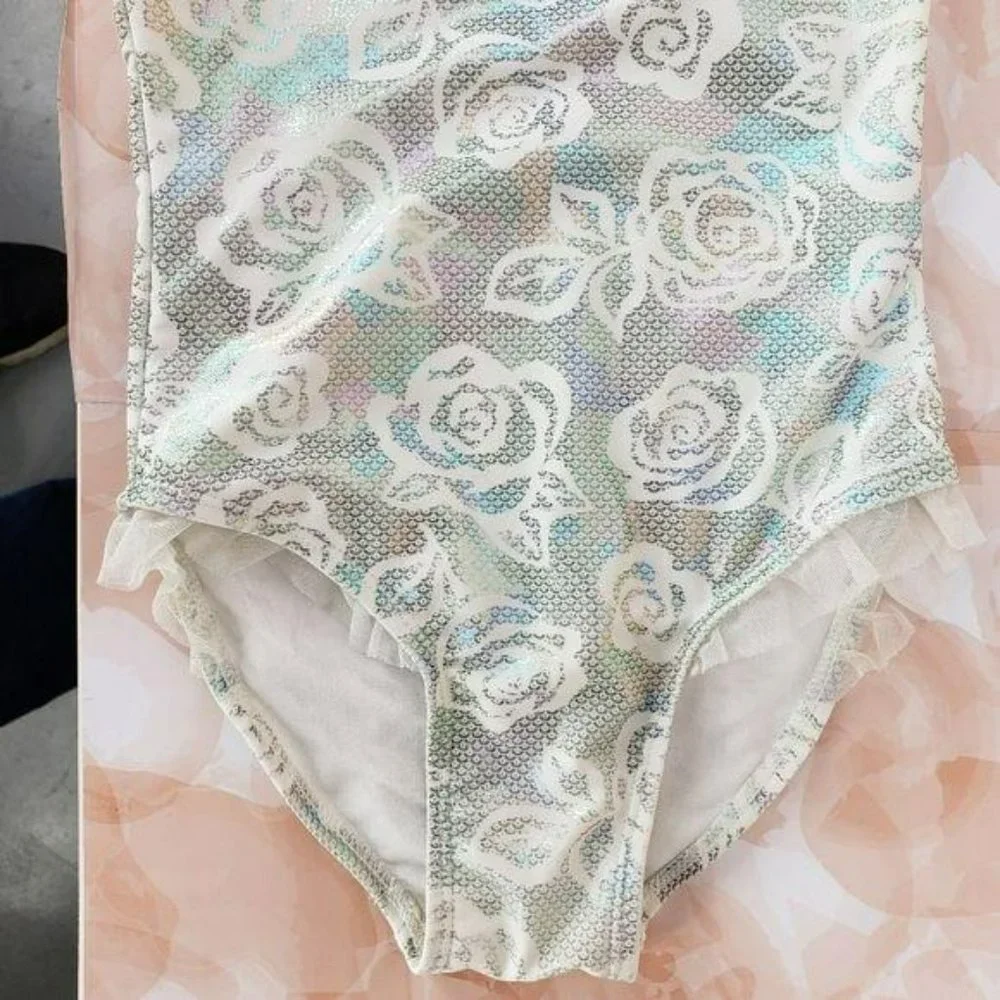 Flapdoodles Girl’s Size‎ 5 Floral metallic silver one piece Swimsuit